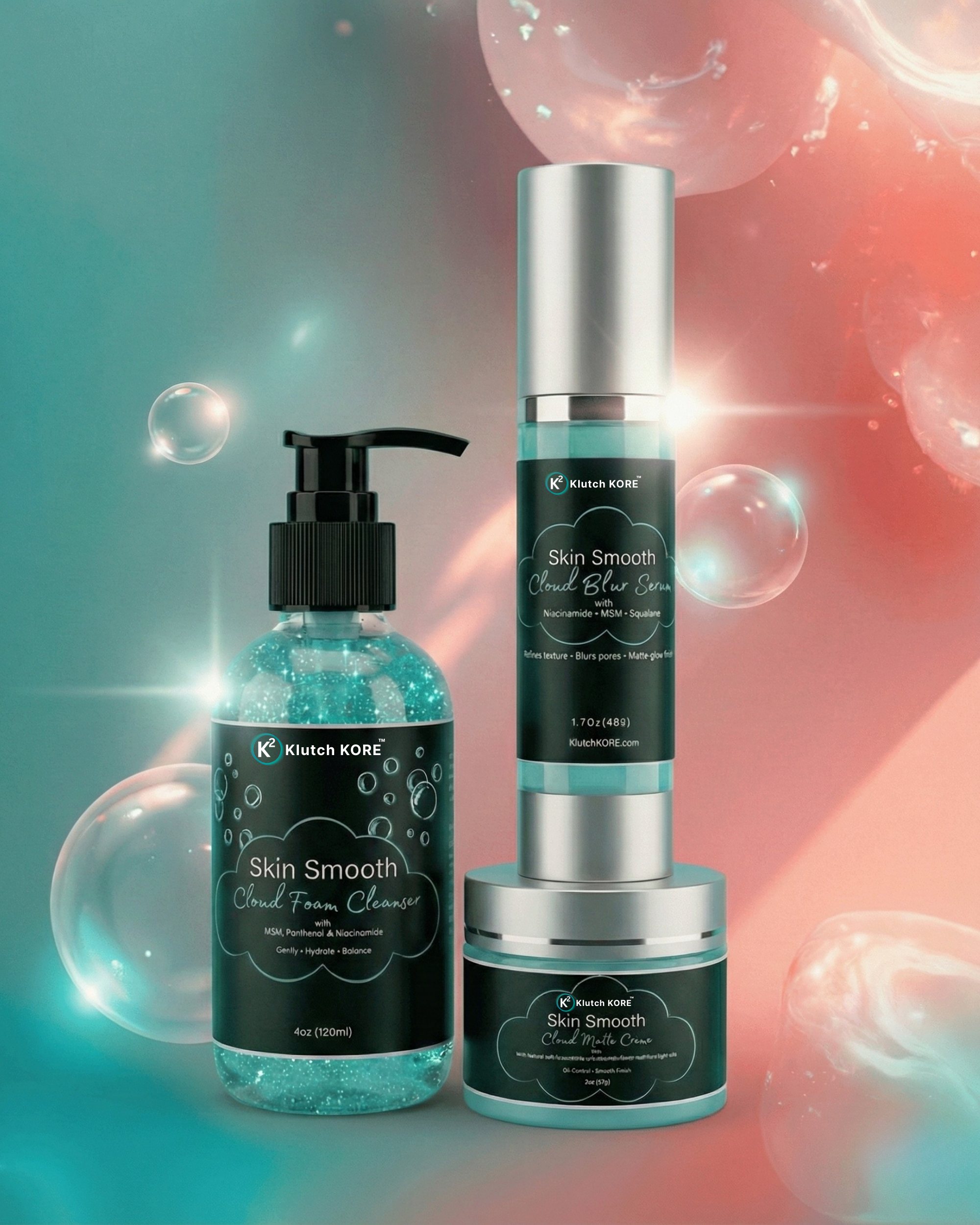 KlutchKORE SkinSmooth3 System featuring Cloud Foam Cleanser, Cloud Blur Serum, and Cloud Matte Creme on a teal and coral background with bubbles.