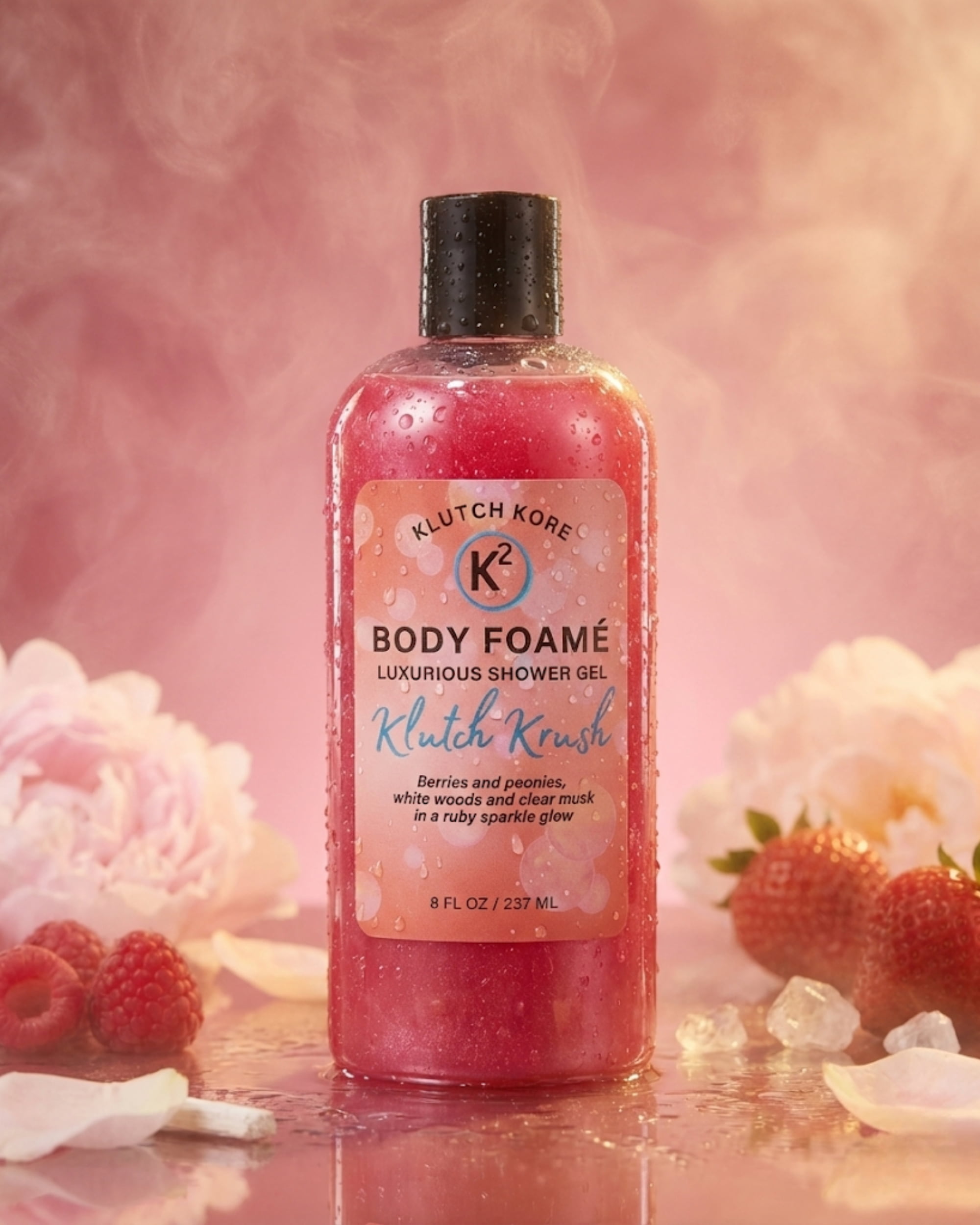 Klutch Kore Body Foamé Klutch Krush shower gel bottle with ruby shimmer, soft steam, strawberries, and floral elements on a pink gradient background