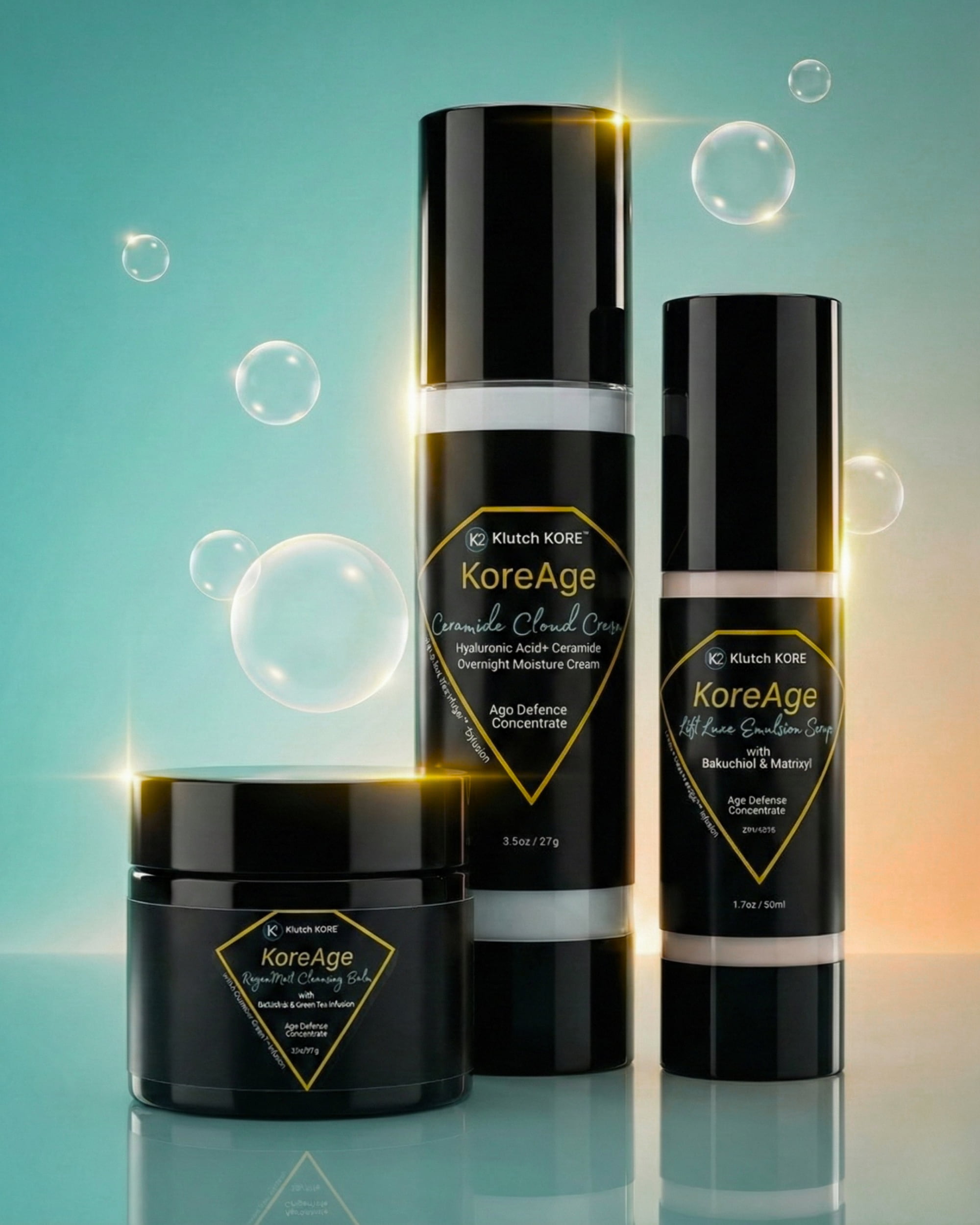 KoreAge anti-aging skincare system by KlutchKORE – cleansing balm, emulsion serum, and ceramide cloud cream