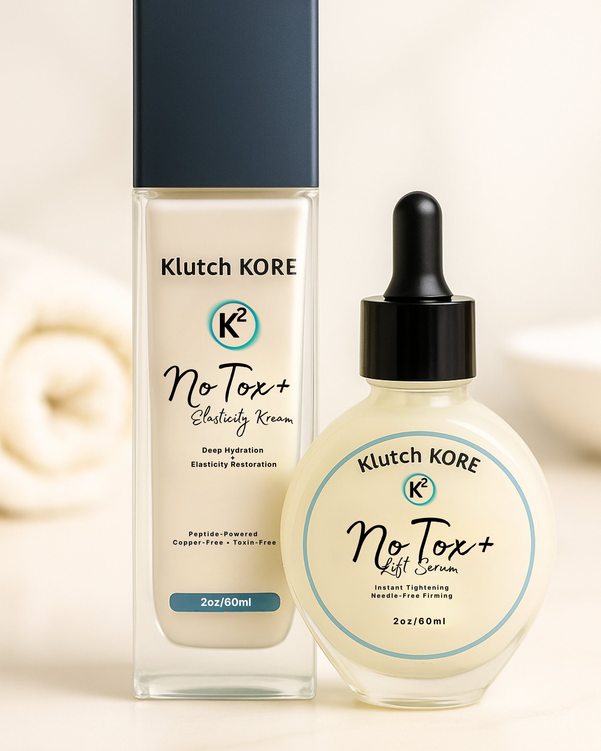 KlutchKORE NoTox+ Lift Serum and Elasticity Kream duo displayed on a bathroom counter, showing the 2-step tightening and hydration system