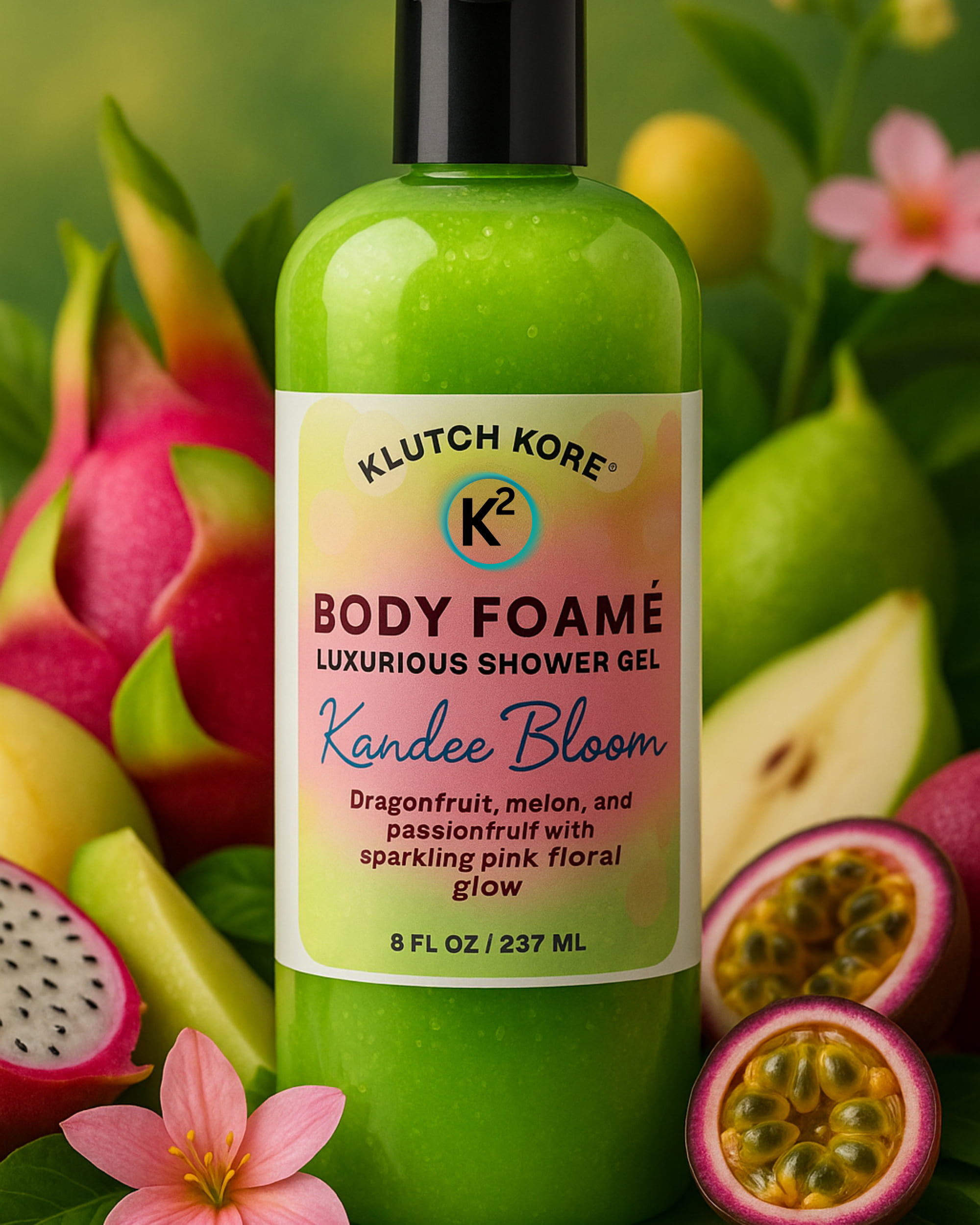 KlutchKORE Body Foamé Kandee Bloom Shower Gel surrounded by dragonfruit, melon, and passionfruit