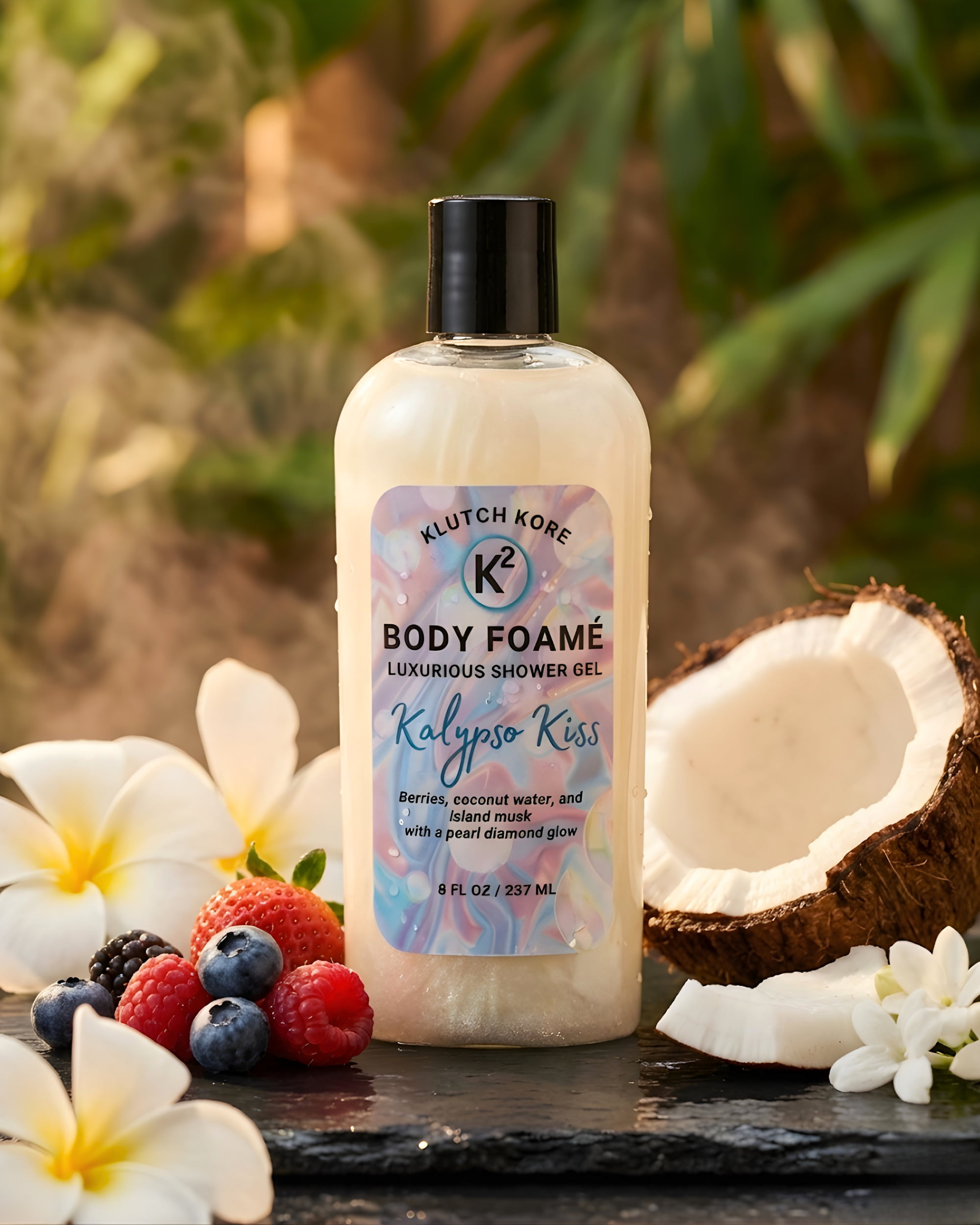 Klutch KORE Kalypso Kiss body foame shower gel with pearl diamond glow, berries, coconut water, and island musk
