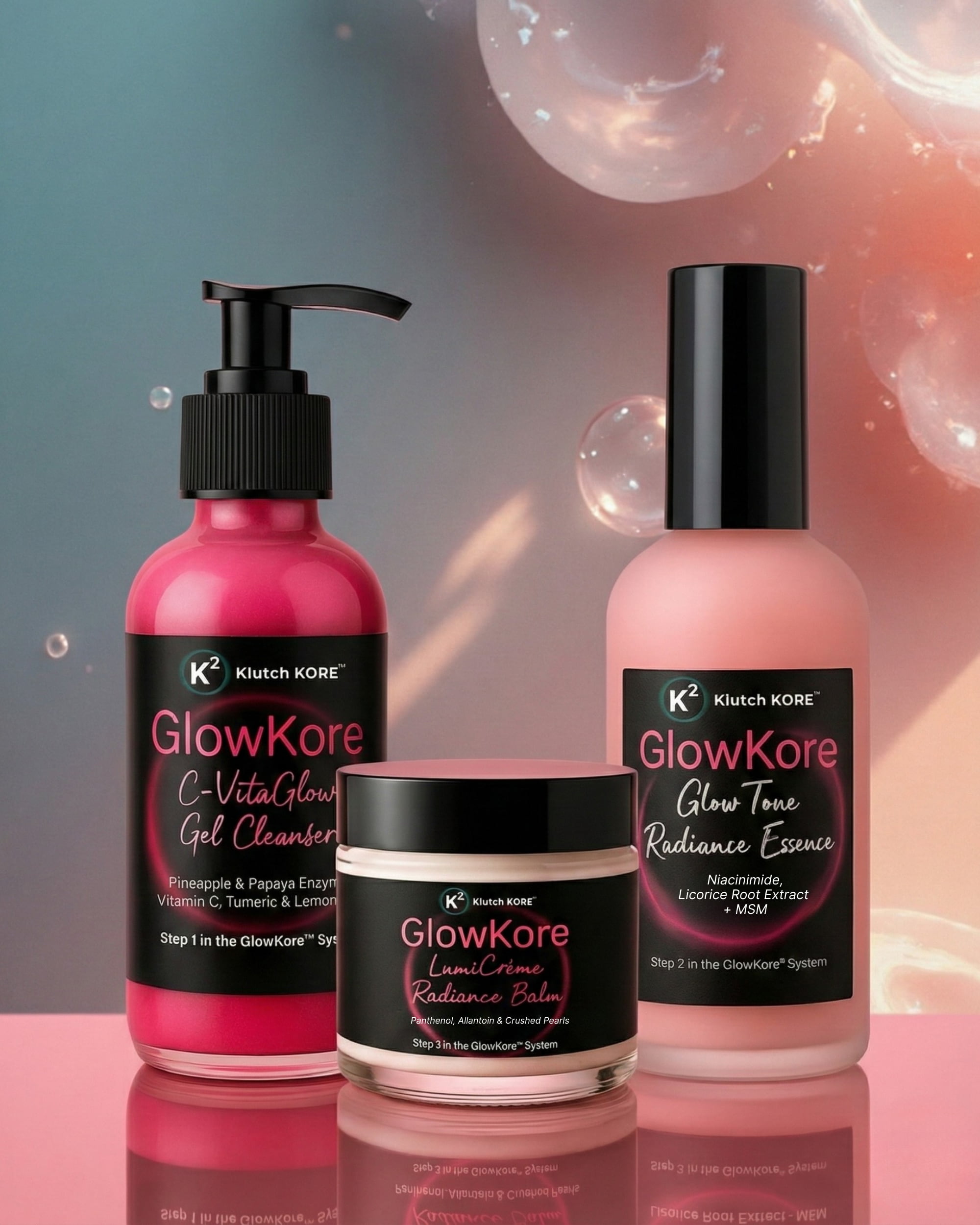 KlutchKORE GlowKore Radiance System with C-VitaGlow Gel Cleanser, GlowTone Radiance Essence, and LumiCrème Radiance Balm displayed against a soft glowing background.