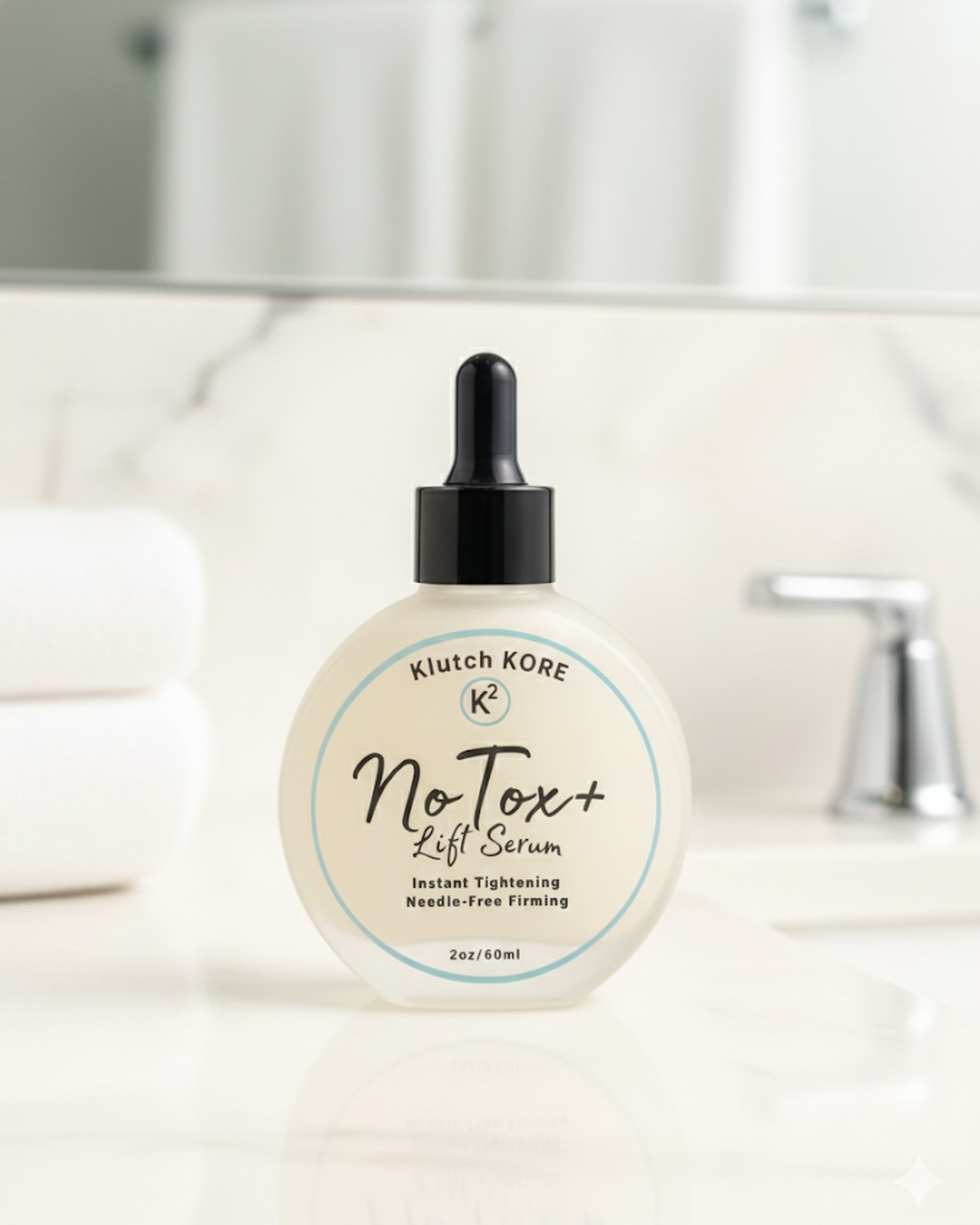 KlutchKORE NoTox+ Lift Serum displayed on a bathroom counter with soft clean lighting