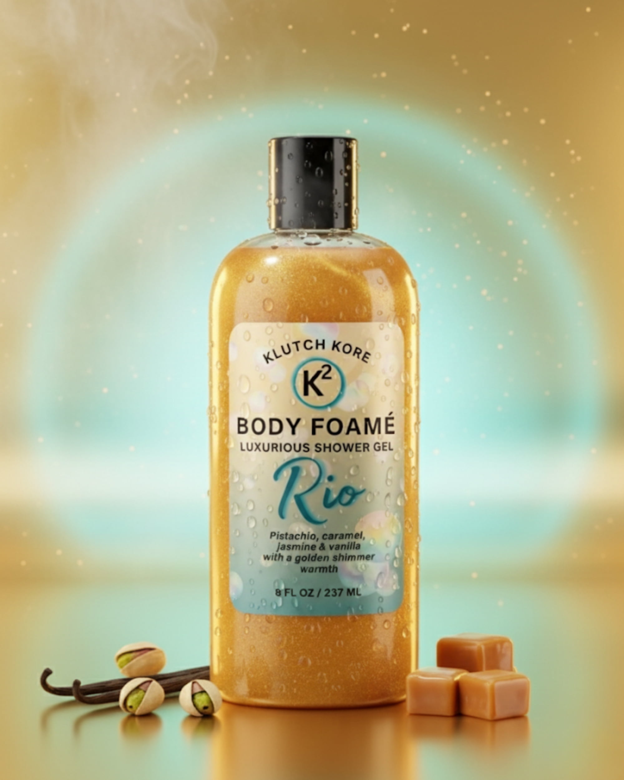Klutch KORE Body Foame Rio luxury shower gel with golden shimmer, pistachio caramel jasmine and vanilla
