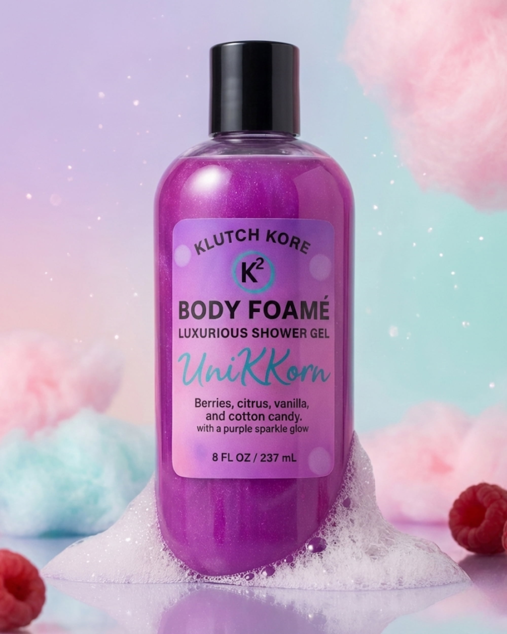 Klutch Kore UniKKorn Body Foamé shower gel with purple shimmer foam, pastel cotton candy clouds, and a glossy purple bottle