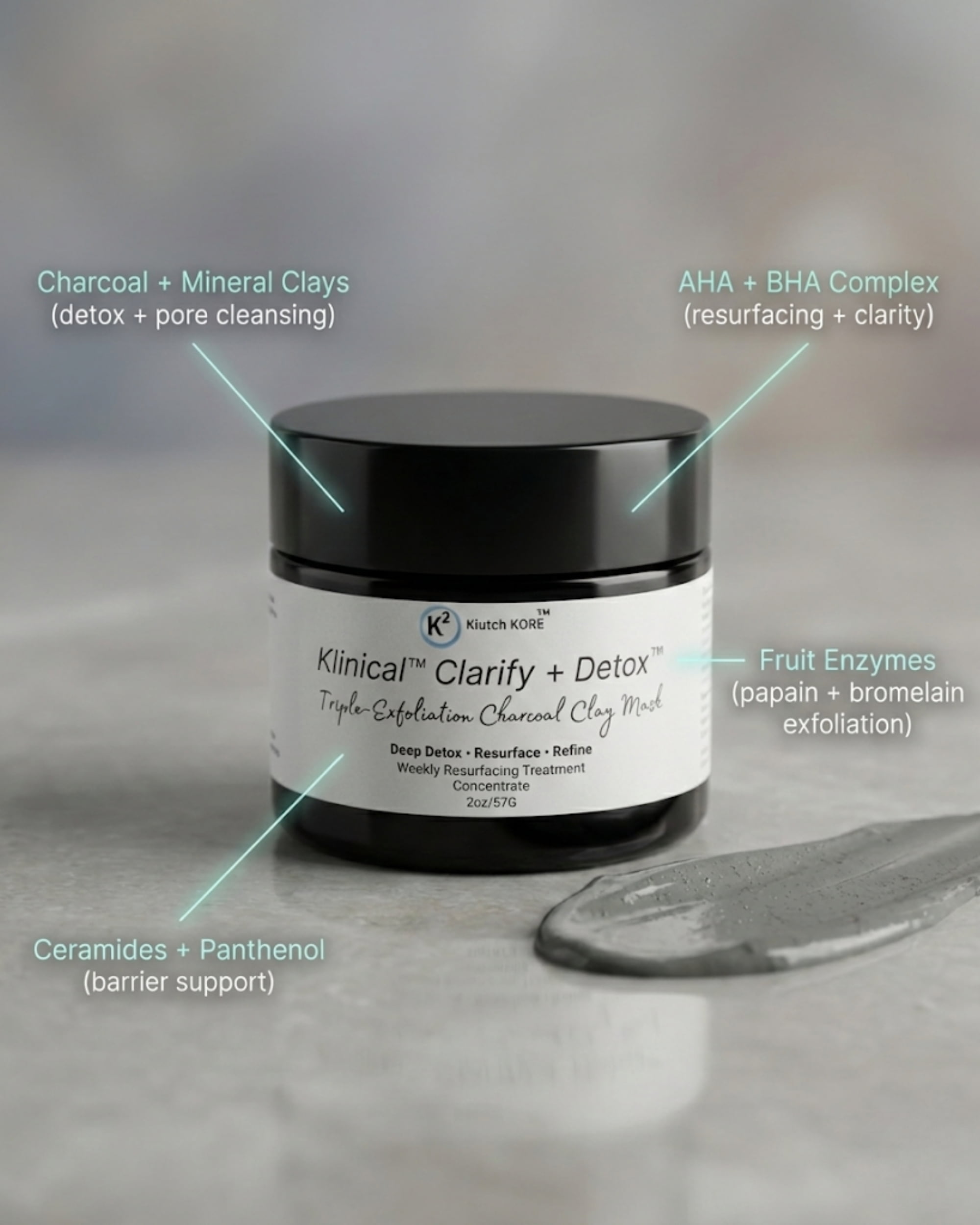 Klinical Clarify + Detox triple-exfoliation charcoal clay mask with AHA BHA enzymes and mineral clay callouts